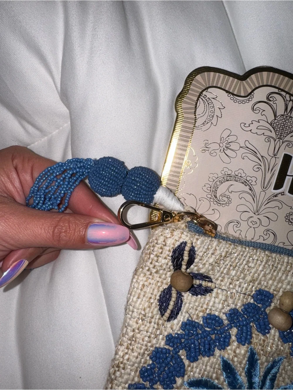 Blue Palm Tree Beaded Zipper Pouch Handmade in India New with Tags